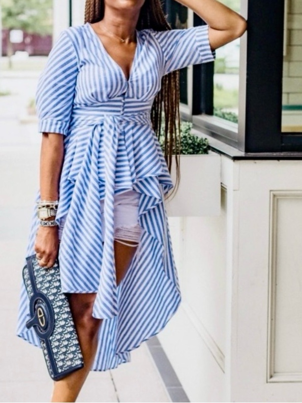 LILLY’S KLOSET Striped Blue & White High-Low Waterfall Blouse Flowy Top